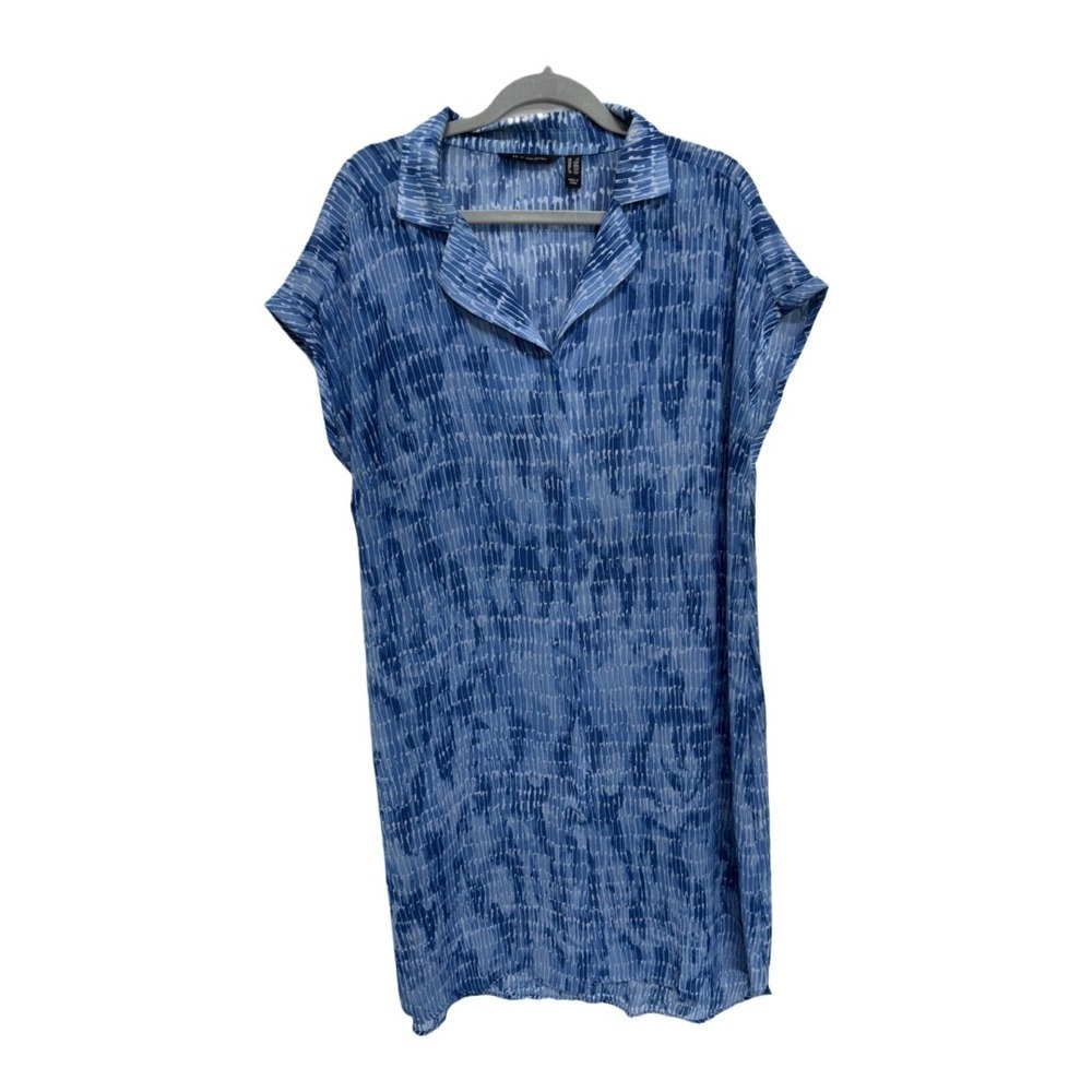 H by Halston Sheer Button Down Cover Up dress Large Petite Blue Tie Dye